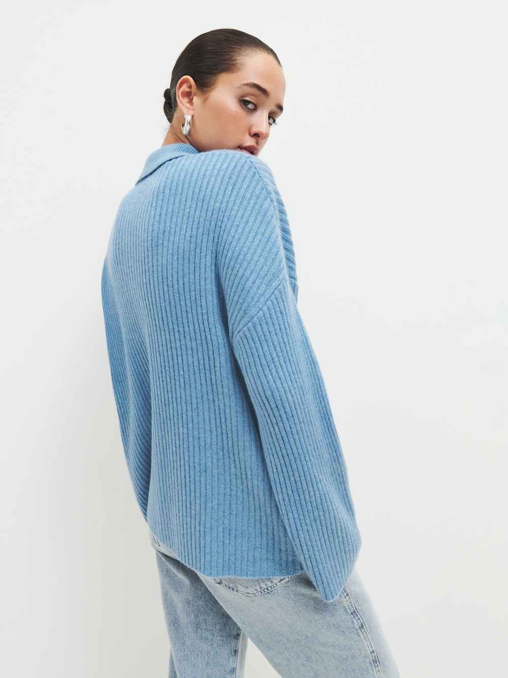 NWOT Reformation Sky Blue Ribbed Button-Down Cardigan - Picture 3 of 5
